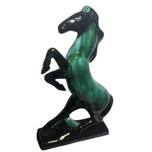 Blue Mountain Pottery Rearing Horse Large 14" Tall Green Drip Glaze MCM READ